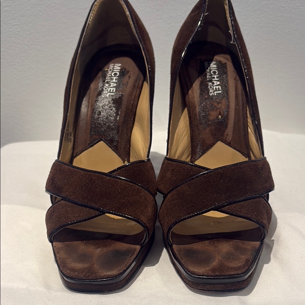 Michael Kors Brown Suede Peep-Toe Heels